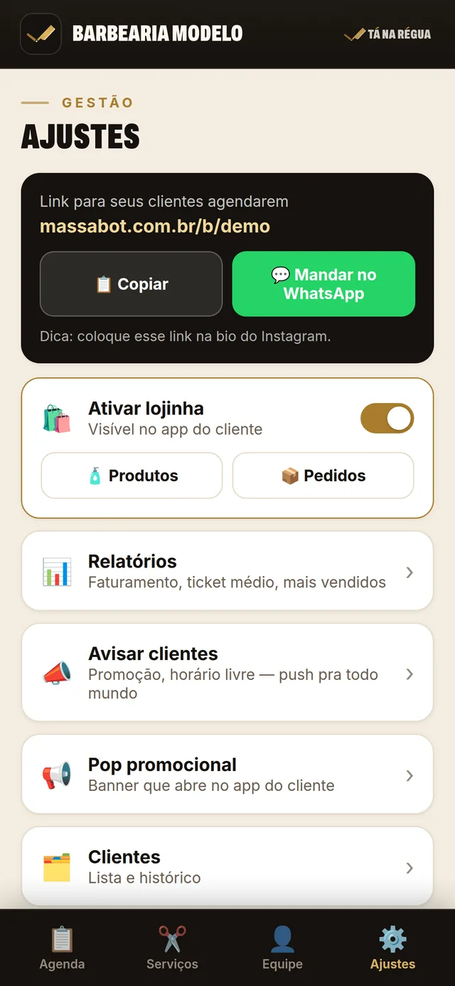 Tela do app com o link da barbearia para mandar aos clientes